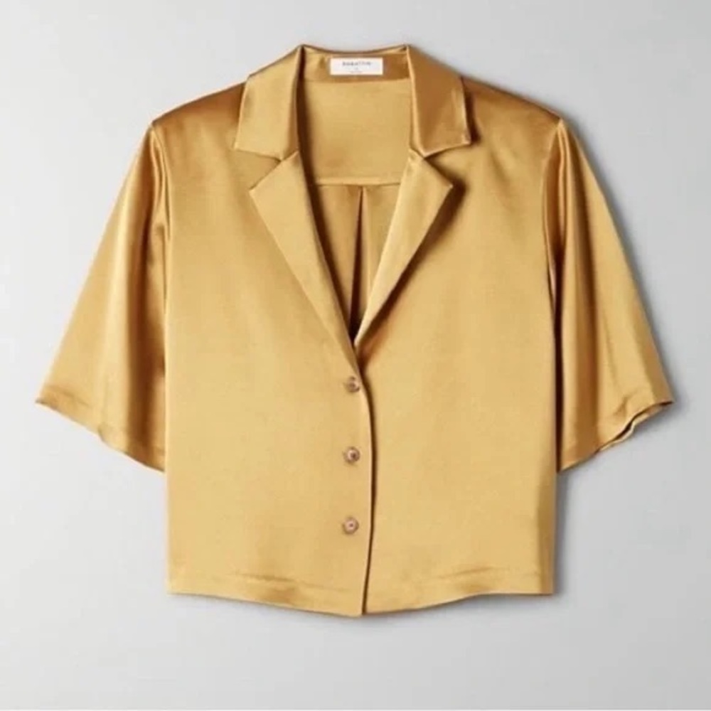 Babaton Aritzia women’s yellow gold button down short sleeve blouse size large